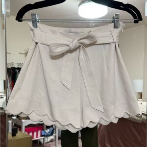 High Waisted Belted White Scalloped Shorts